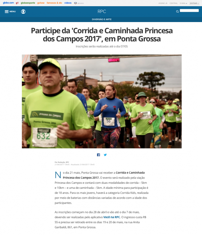 Corrida e Caminhada Princesa dos Campos 2017 em destaque na Globo