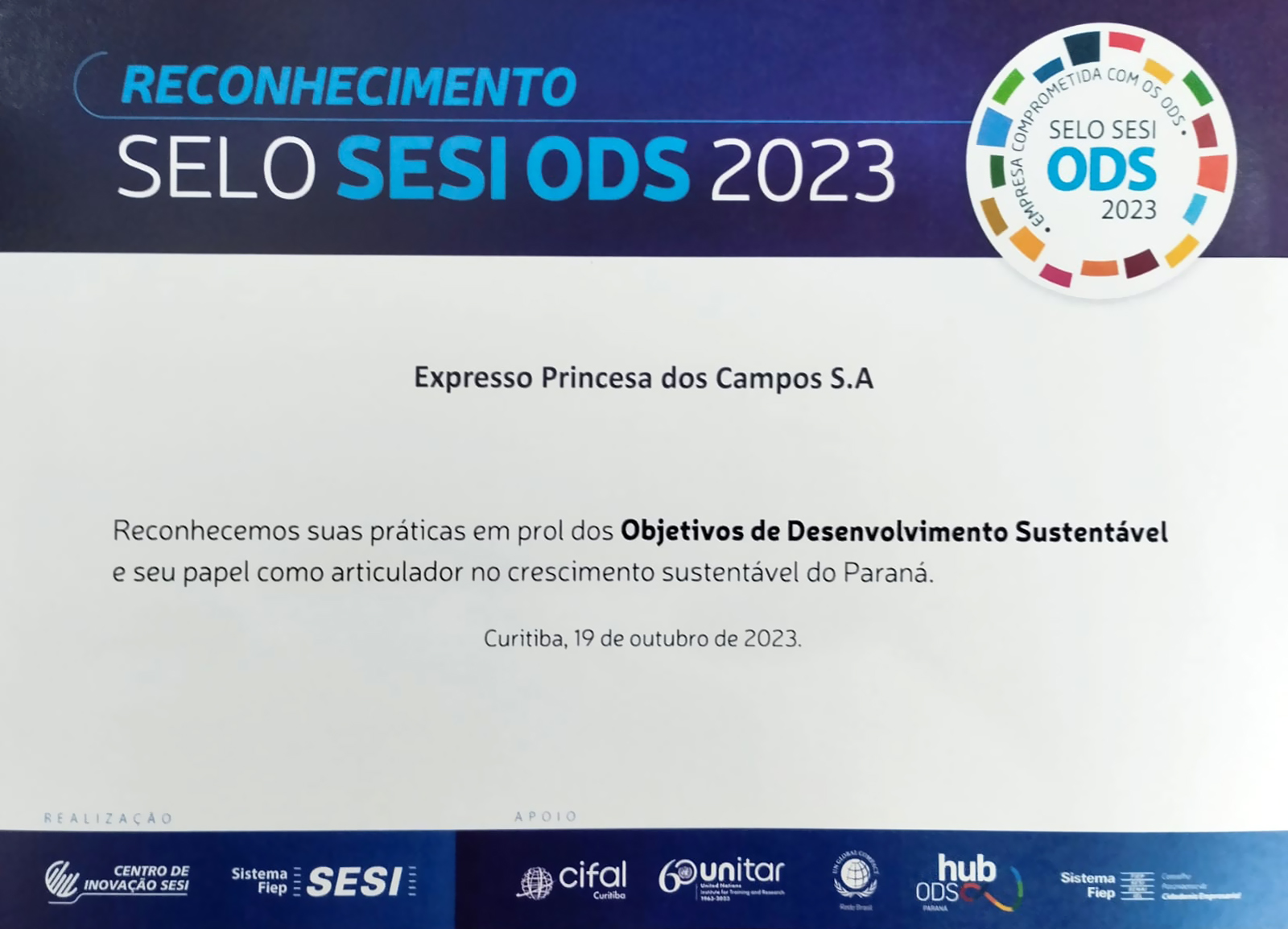 Princesa dos Campos recebe o cobiÃ§ado Selo SESI ODS 2023